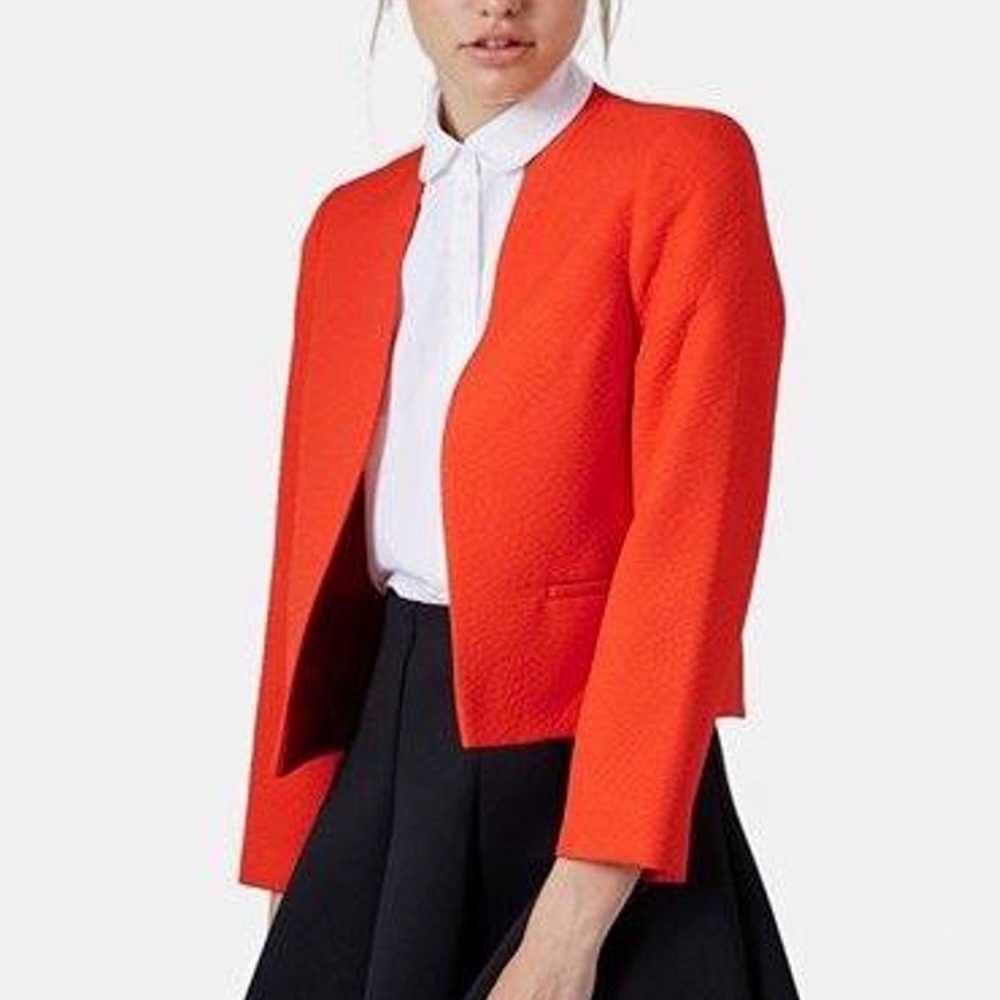 Topshop Orange Open‎ Front Blazer Textured Lined 12